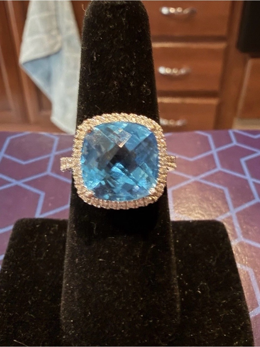 Blue Topaz Cushion-Cut With White Topaz Halo Ring Set In Sterling Silver